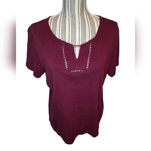 Karen Scott Women's Burgundy Short Sleeve Top with Embellished Neckline Size XL